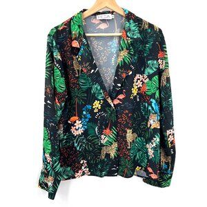 Resa singe button oversized tropical top flamingo leopard resortwear beach S